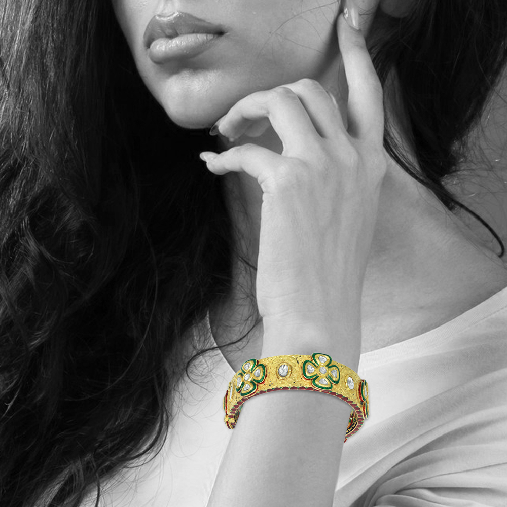 Polki Diamond Bangle with Floral Motifs and Meenakari Enamel